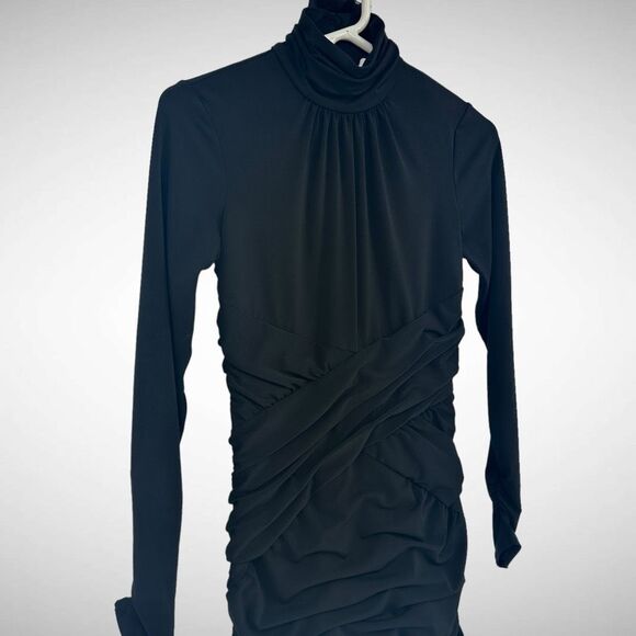 Cinq a Sept Amar Black Open Back Ruched Cross Over Stretch Mini Dress Size 2 - Picture 3 of 10